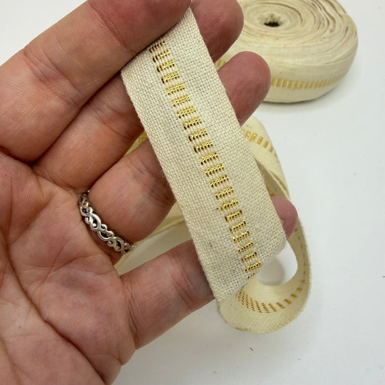 1" (25mm) Tape Trim - Cream/Gold - Roll - True Deadstock supplies Fabric by private - Sustainable Textile | FABCYCLE
