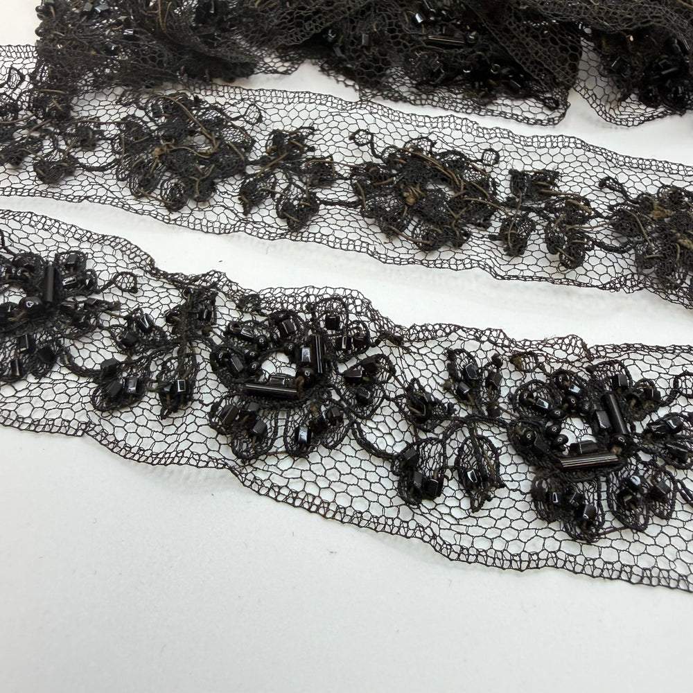 1 ¼" (32mm) Beaded/Vintage Mesh Lace Trim - Black - 1M Bundle - True Deadstock supplies Fabric by private - Sustainable Textile | FABCYCLE