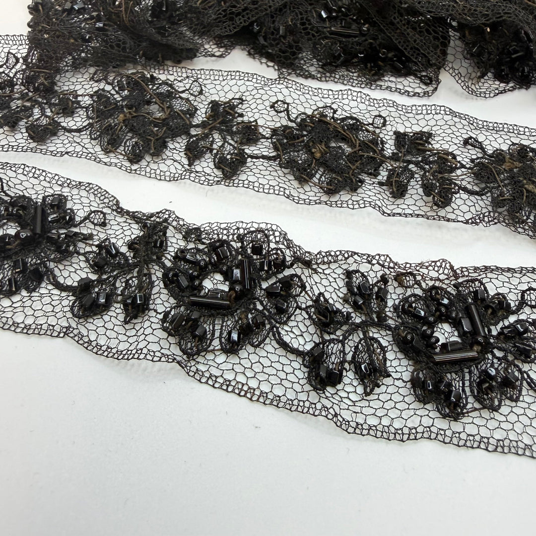 1 ¼" (32mm) Beaded/Vintage Mesh Lace Trim - Black - 1M Bundle - True Deadstock supplies Fabric by private - Sustainable Textile | FABCYCLE