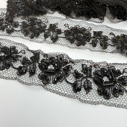 1 ¼" (32mm) Beaded/Vintage Mesh Lace Trim - Black - 1M Bundle - True Deadstock supplies Fabric by private - Sustainable Textile | FABCYCLE