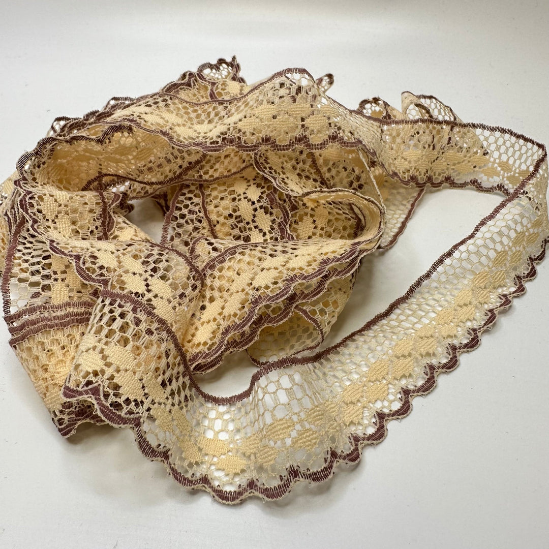 1 ¼" (32mm) Vintage Scalloped Mesh Lace Trim - Light Brown/Beige - 5M Bundle - True Deadstock supplies Fabric by private - Sustainable Textile | FABCYCLE