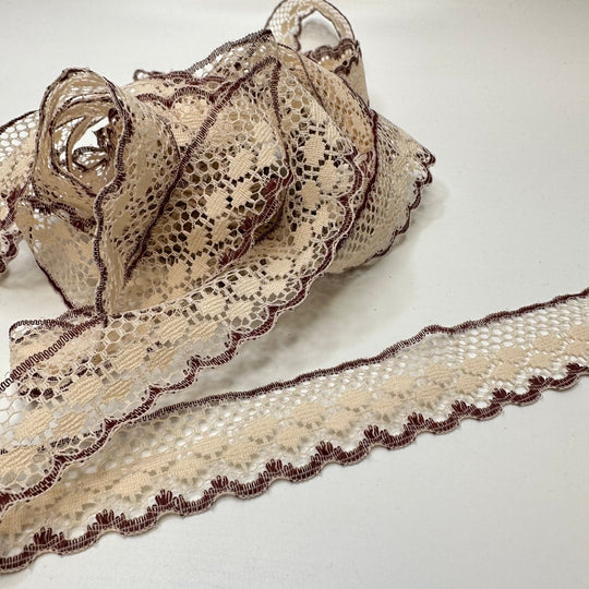 1 ¼" (32mm) Vintage/Some Staining Scalloped Mesh Lace Trim - Cream/Brown - 5M Bundle - True Deadstock supplies Fabric by private - Sustainable Textile | FABCYCLE