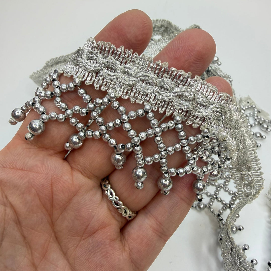 1 ½" (38mm) Beaded Fringe Tape Trim - Silver - 1.75M Bundle - True Deadstock supplies Fabric by private - Sustainable Textile | FABCYCLE