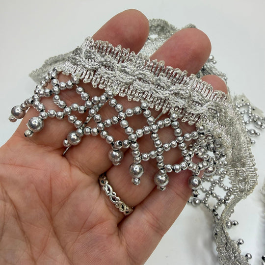 1 ½" (38mm) Beaded Fringe Tape Trim - Silver - 1.75M Bundle - True Deadstock supplies Fabric by private - Sustainable Textile | FABCYCLE