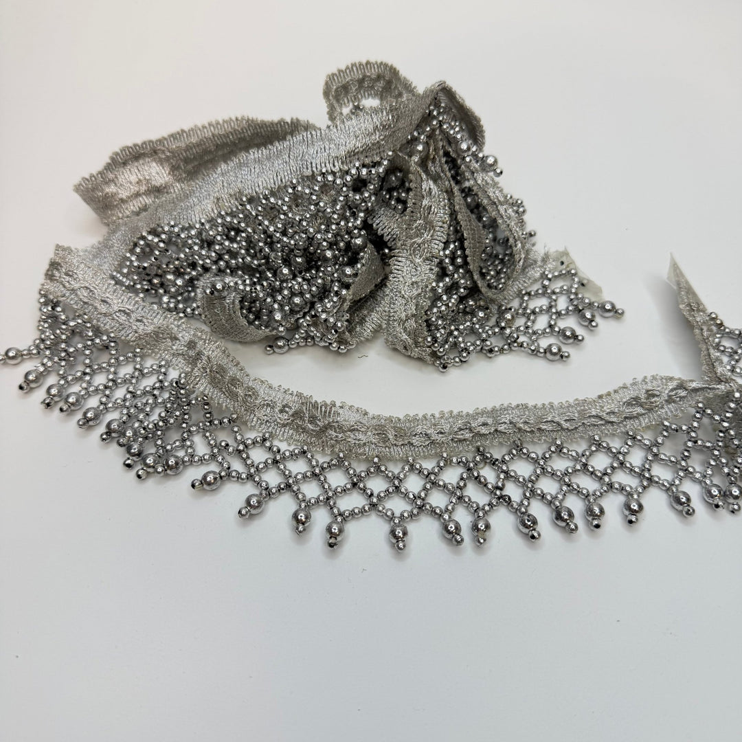1 ½" (38mm) Beaded Fringe Tape Trim - Silver - 1.75M Bundle - True Deadstock supplies Fabric by private - Sustainable Textile | FABCYCLE