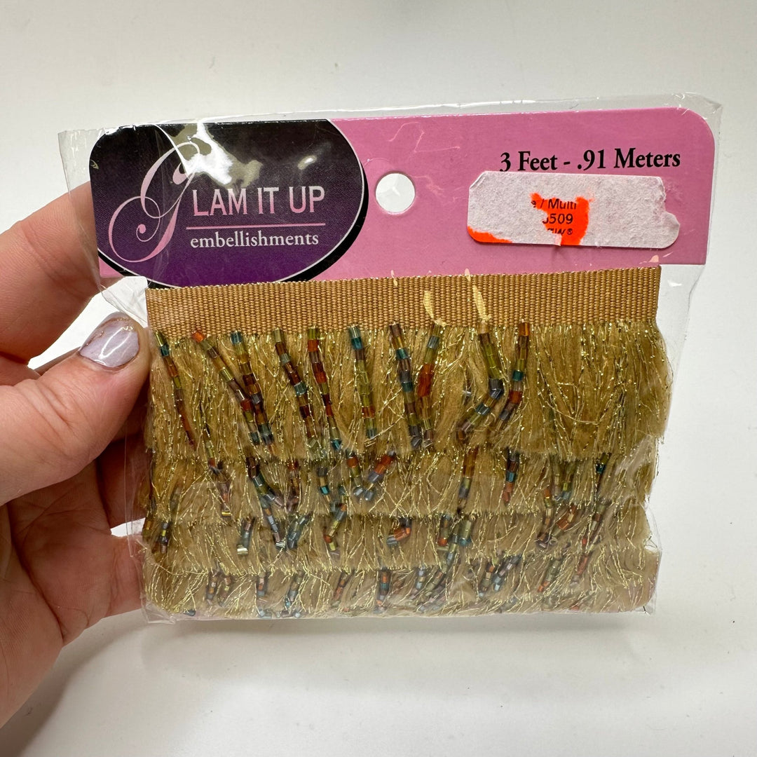 1 ½" (38mm) Beaded Fringe Twill Tape Trim - Gold Multi - 1M Bundle - True Deadstock supplies Fabric by private - Sustainable Textile | FABCYCLE