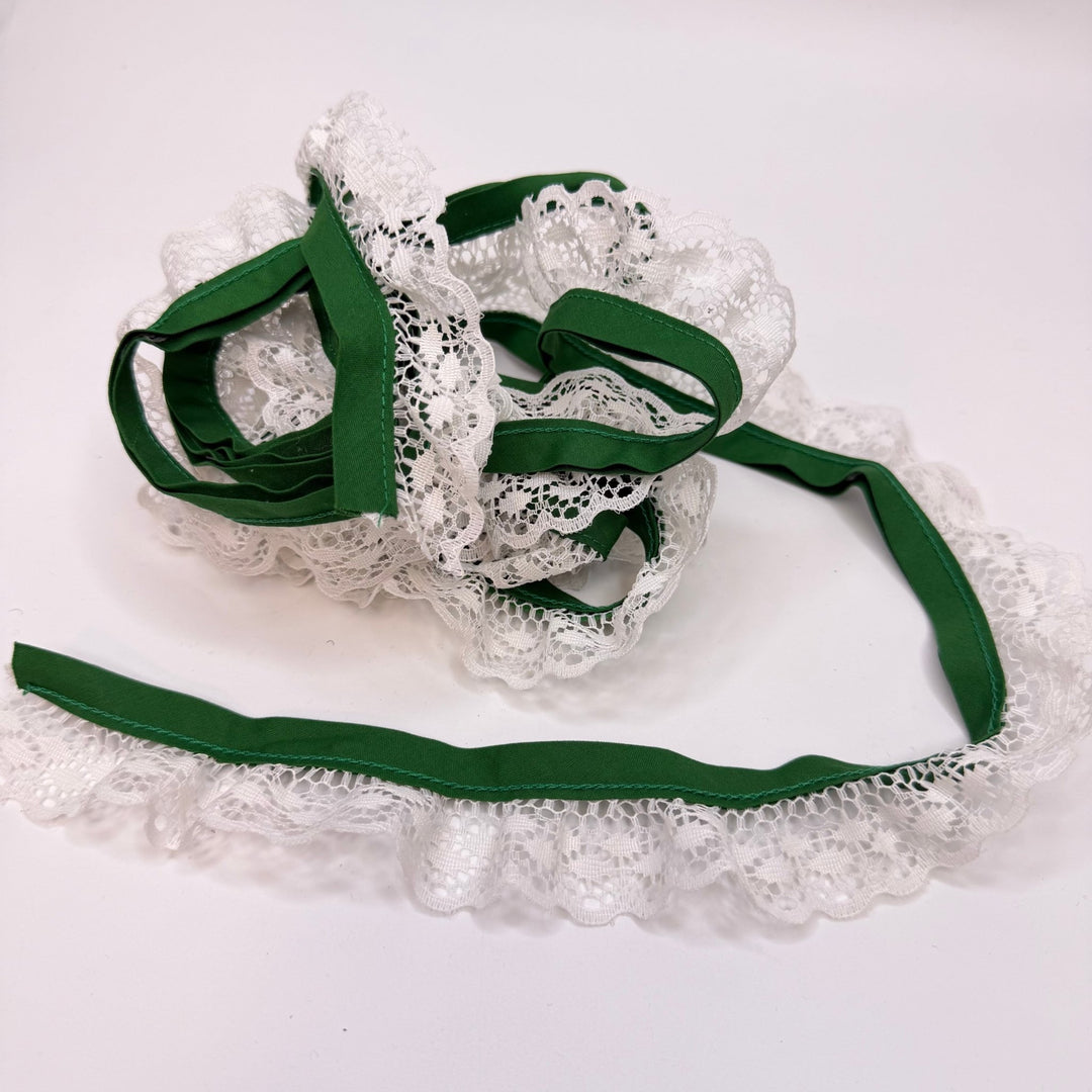 1 ½" (38mm) Bias Bound Edge Ruffled Lace Trim - White/Green - 2.3M Bundle - True Deadstock supplies Fabric by private - Sustainable Textile | FABCYCLE