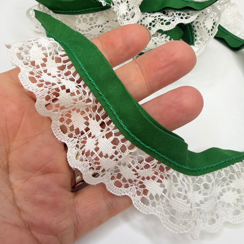 1 ½" (38mm) Bias Bound Edge Ruffled Lace Trim - White/Green - 2.3M Bundle - True Deadstock supplies Fabric by private - Sustainable Textile | FABCYCLE