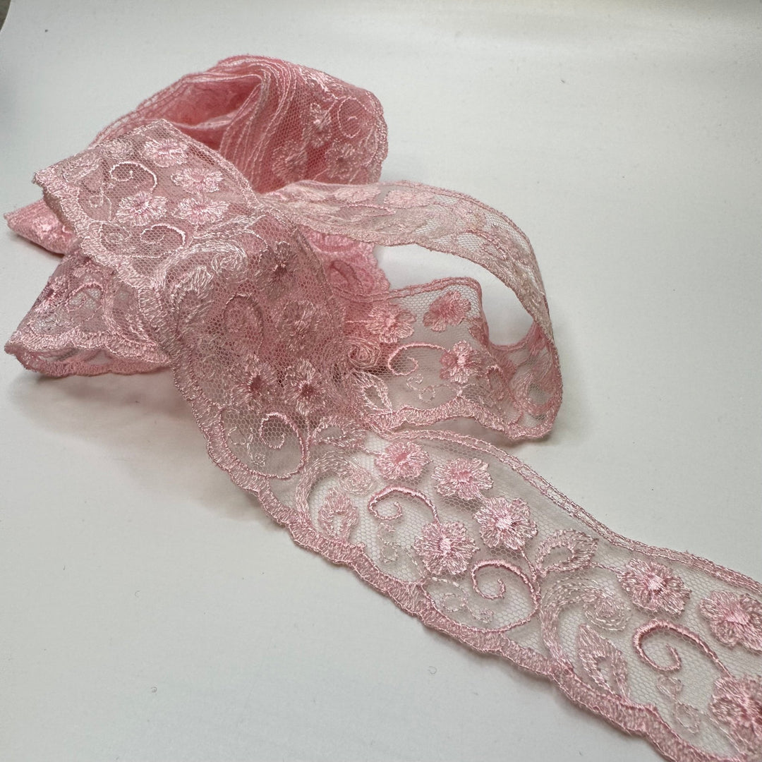 1 ½" (38mm) Embroidered Scalloped Mesh Lace Trim - Light Pink - 2.2M Bundle - True Deadstock supplies Fabric by private - Sustainable Textile | FABCYCLE