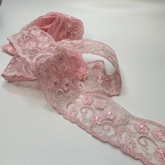1 ½" (38mm) Embroidered Scalloped Mesh Lace Trim - Light Pink - 2.2M Bundle - True Deadstock supplies Fabric by private - Sustainable Textile | FABCYCLE