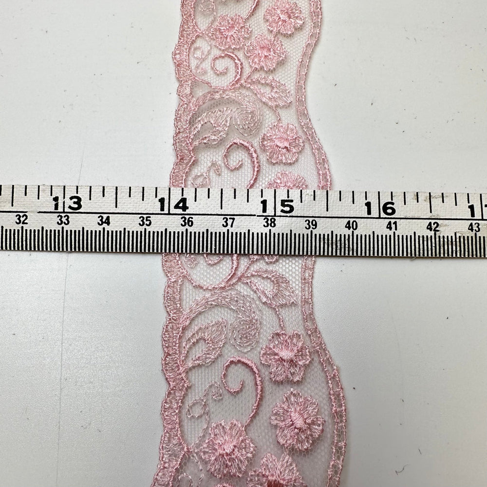 1 ½" (38mm) Embroidered Scalloped Mesh Lace Trim - Light Pink - 2.2M Bundle - True Deadstock supplies Fabric by private - Sustainable Textile | FABCYCLE