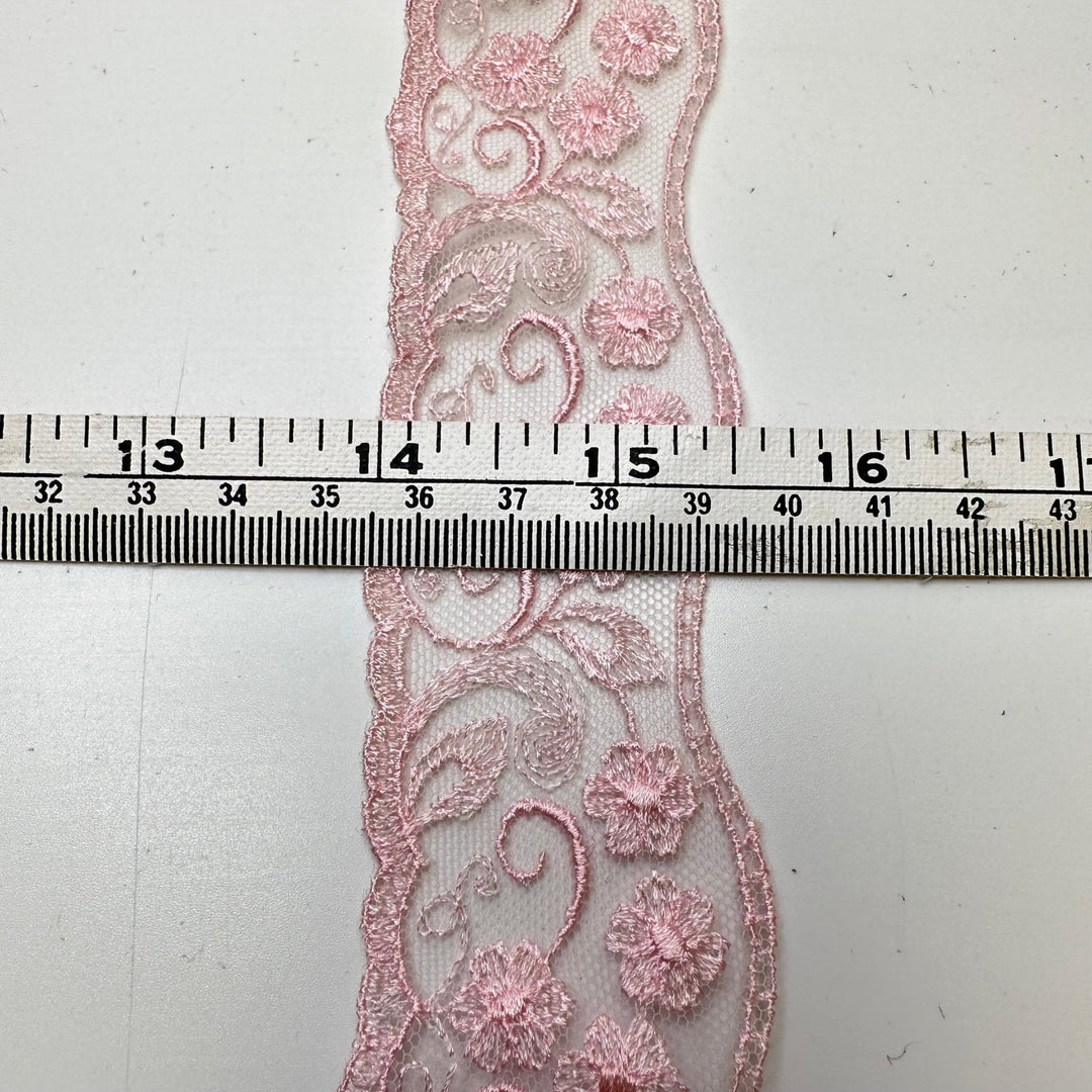 1 ½" (38mm) Embroidered Scalloped Mesh Lace Trim - Light Pink - 2.2M Bundle - True Deadstock supplies Fabric by private - Sustainable Textile | FABCYCLE