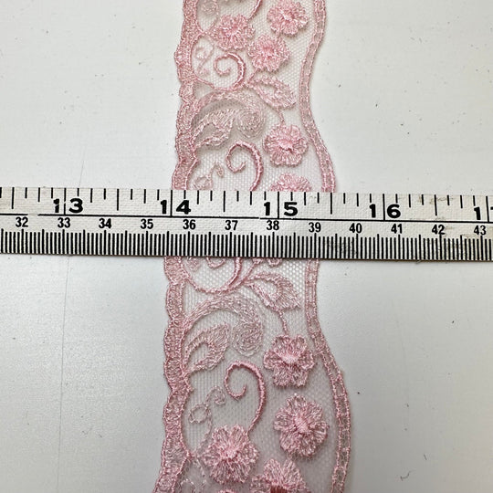 1 ½" (38mm) Embroidered Scalloped Mesh Lace Trim - Light Pink - 2.2M Bundle - True Deadstock supplies Fabric by private - Sustainable Textile | FABCYCLE