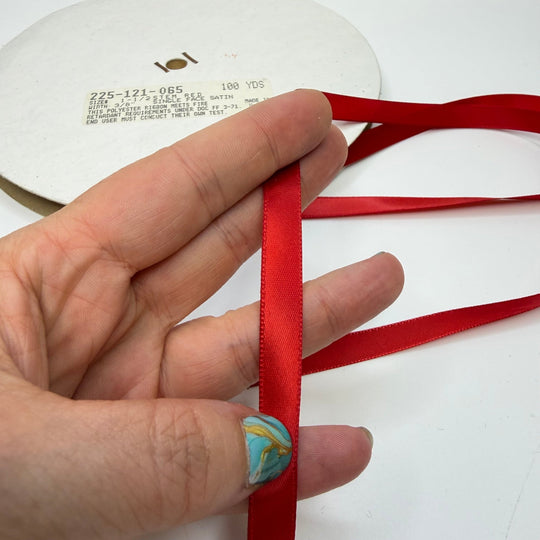 ⅜" (10mm) Fire Retardant Satin Ribbon Trim - Red - Roll - True Deadstock supplies Fabric by private - Sustainable Textile | FABCYCLE