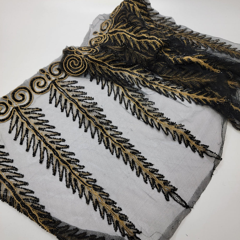 11 ½" (292mm) Vintage/Beaded Beaded Overlay Trim - Black/Gold - 1.1M Bundle - True Deadstock supplies Fabric by private - Sustainable Textile | FABCYCLE