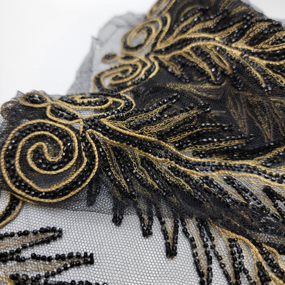 11 ½" (292mm) Vintage/Beaded Beaded Overlay Trim - Black/Gold - 1.1M Bundle - True Deadstock supplies Fabric by private - Sustainable Textile | FABCYCLE