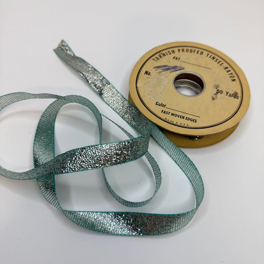 ½" (13mm) Vintage Ribbon Trim - Silver/Turquoise - Roll - True Deadstock supplies Fabric by private - Sustainable Textile | FABCYCLE