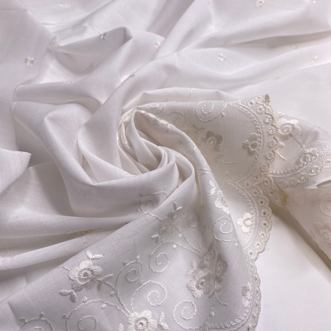 High Tea - Embroidered Cotton/Poly Woven - White Floral - 1M Bundle