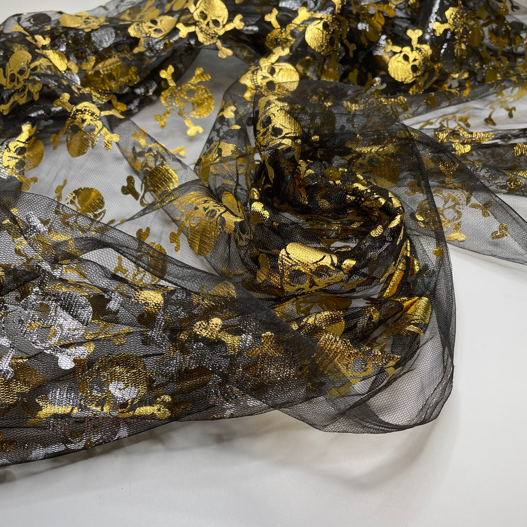 UB - Deadly - Tulle Poly Woven - Black/Gold Skulls - 1.1M Bundle