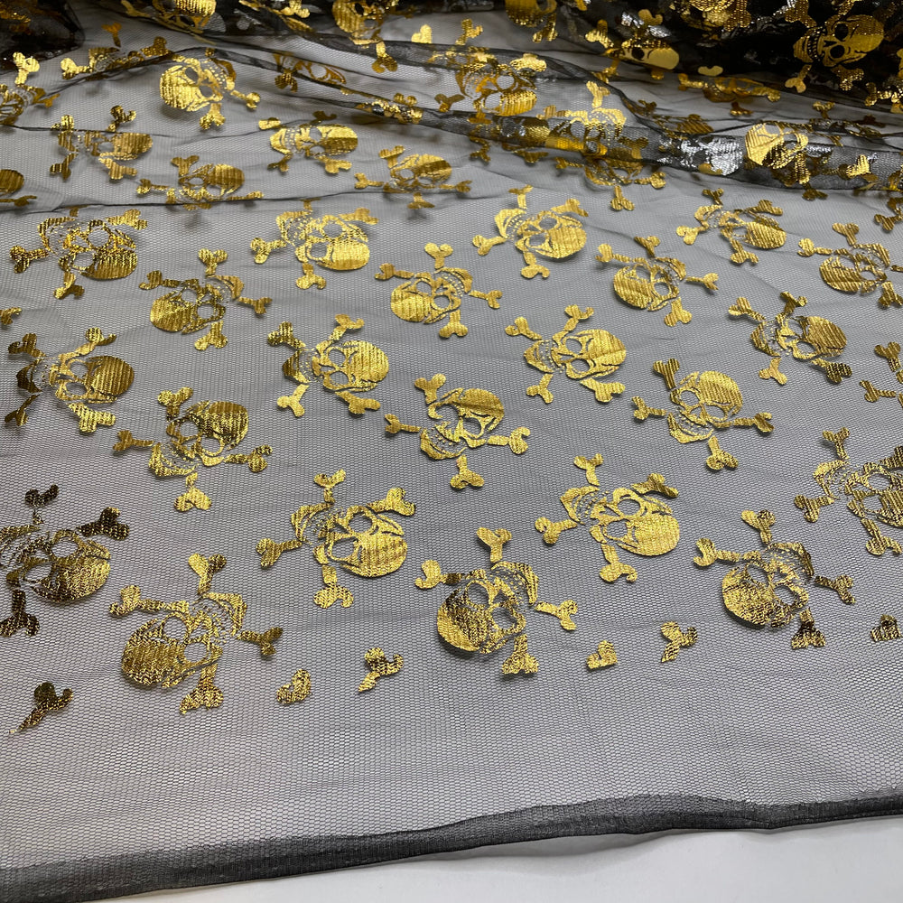 UB - Deadly - Tulle Poly Woven - Black/Gold Skulls - 1.1M Bundle