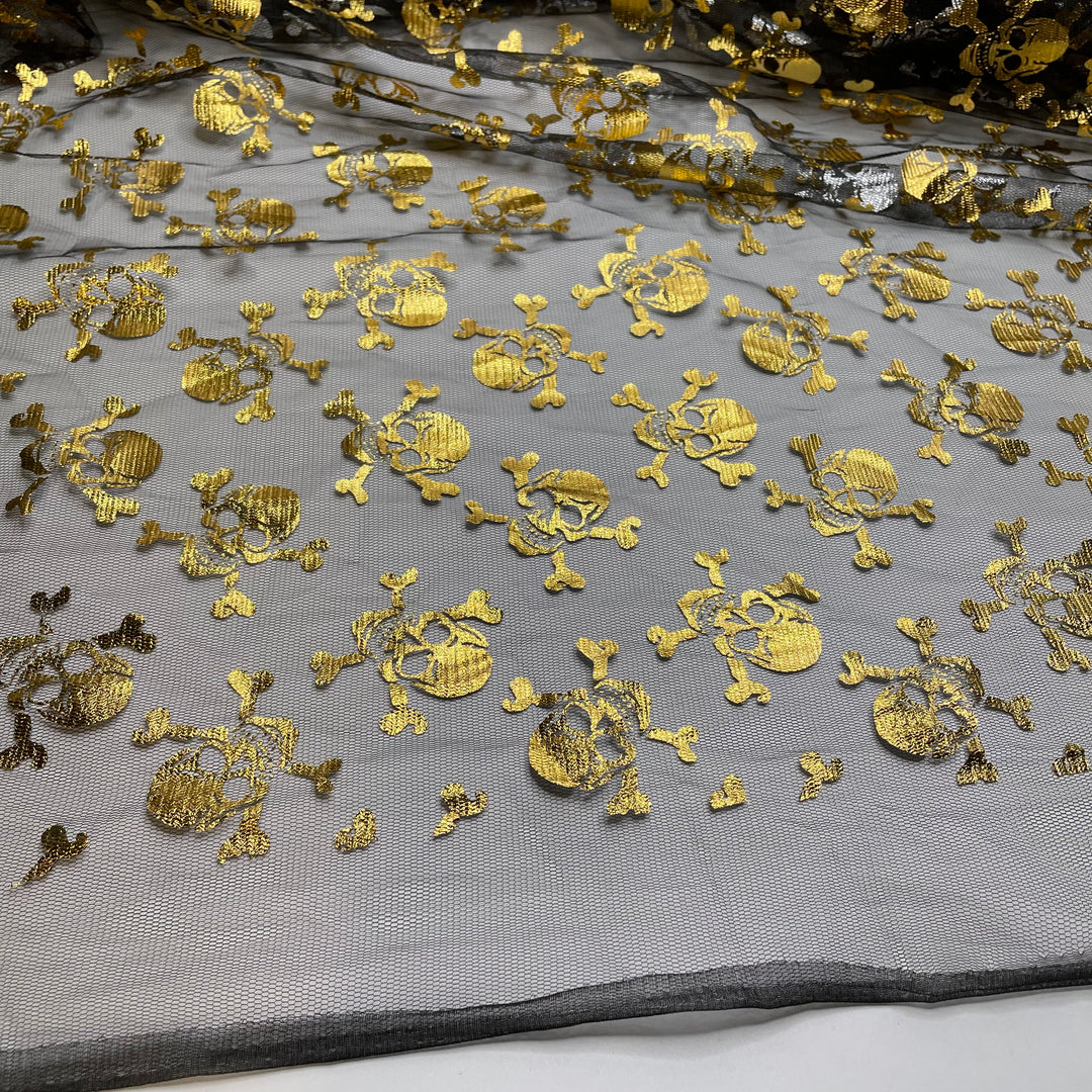 UB - Deadly - Tulle Poly Woven - Black/Gold Skulls - 1.1M Bundle