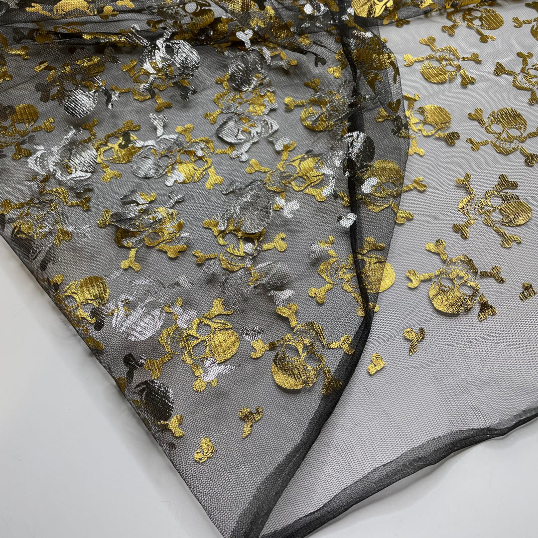 UB - Deadly - Tulle Poly Woven - Black/Gold Skulls - 1.1M Bundle