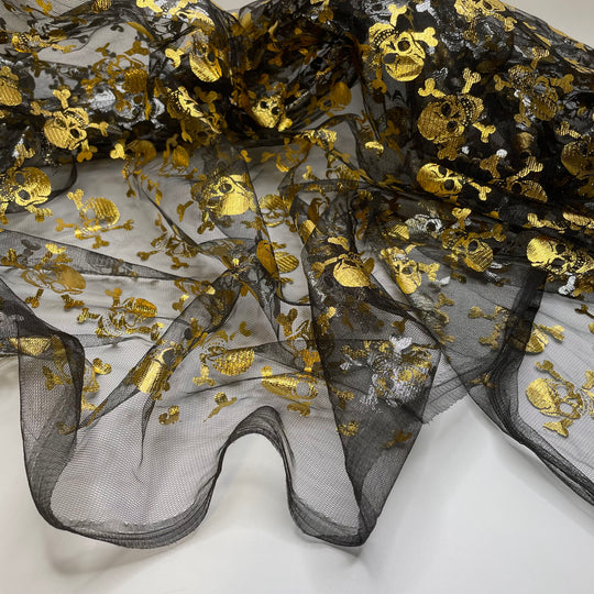 UB - Deadly - Tulle Poly Woven - Black/Gold Skulls - 1.1M Bundle