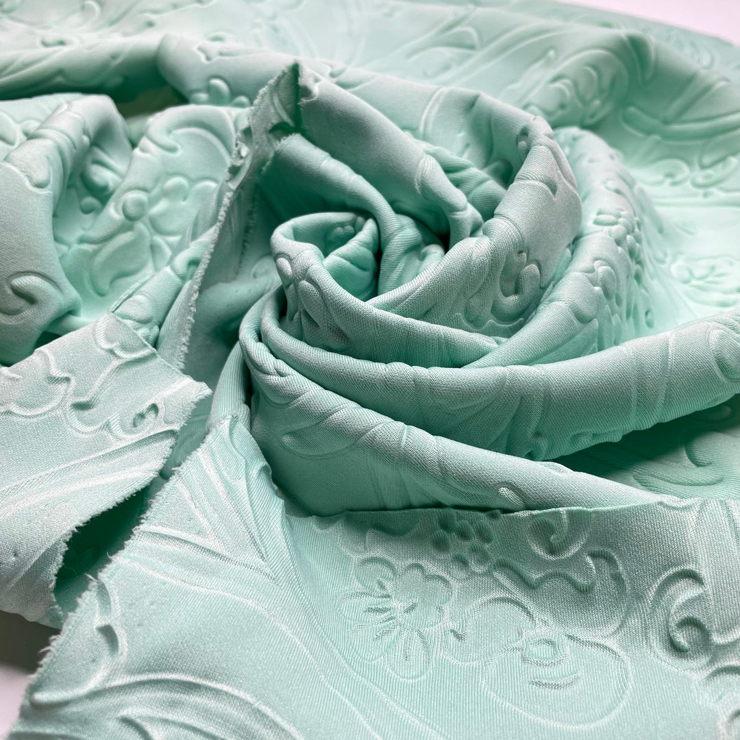 The Day Of The Triffids Vibes - Embossed Jersey Poly Knit - Light Green Paisley - 0.6M Bundle