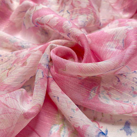 Barbie Would Definitely - Glitter Chiffon Poly Woven - Pink/White Floral - 2M Bundle