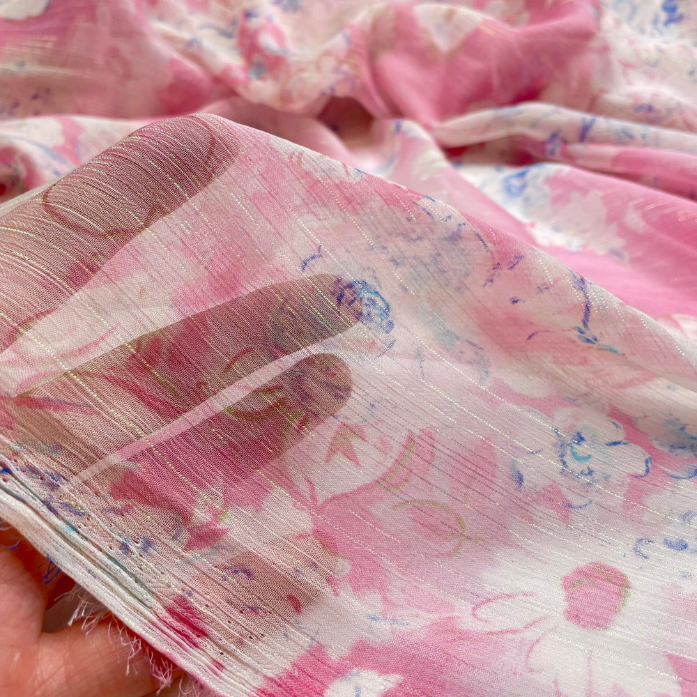 Barbie Would Definitely - Glitter Chiffon Poly Woven - Pink/White Floral - 2M Bundle