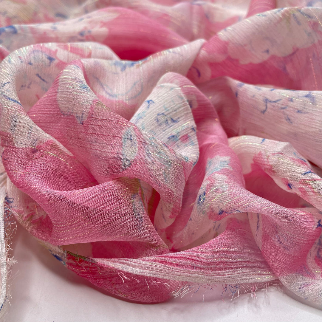 Barbie Would Definitely - Glitter Chiffon Poly Woven - Pink/White Floral - 2M Bundle