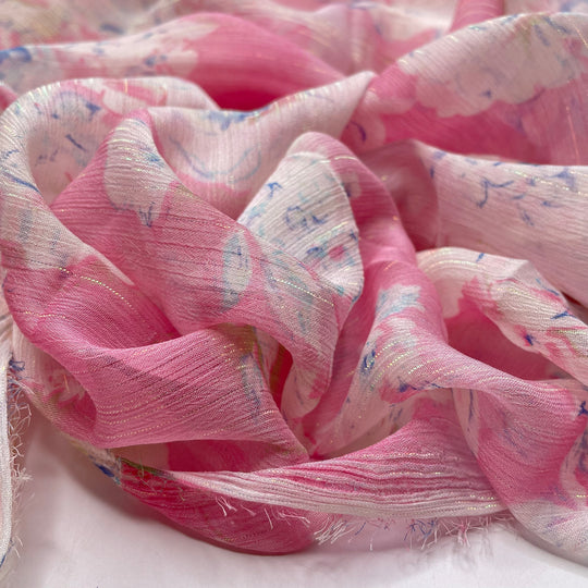 Barbie Would Definitely - Glitter Chiffon Poly Woven - Pink/White Floral - 2M Bundle