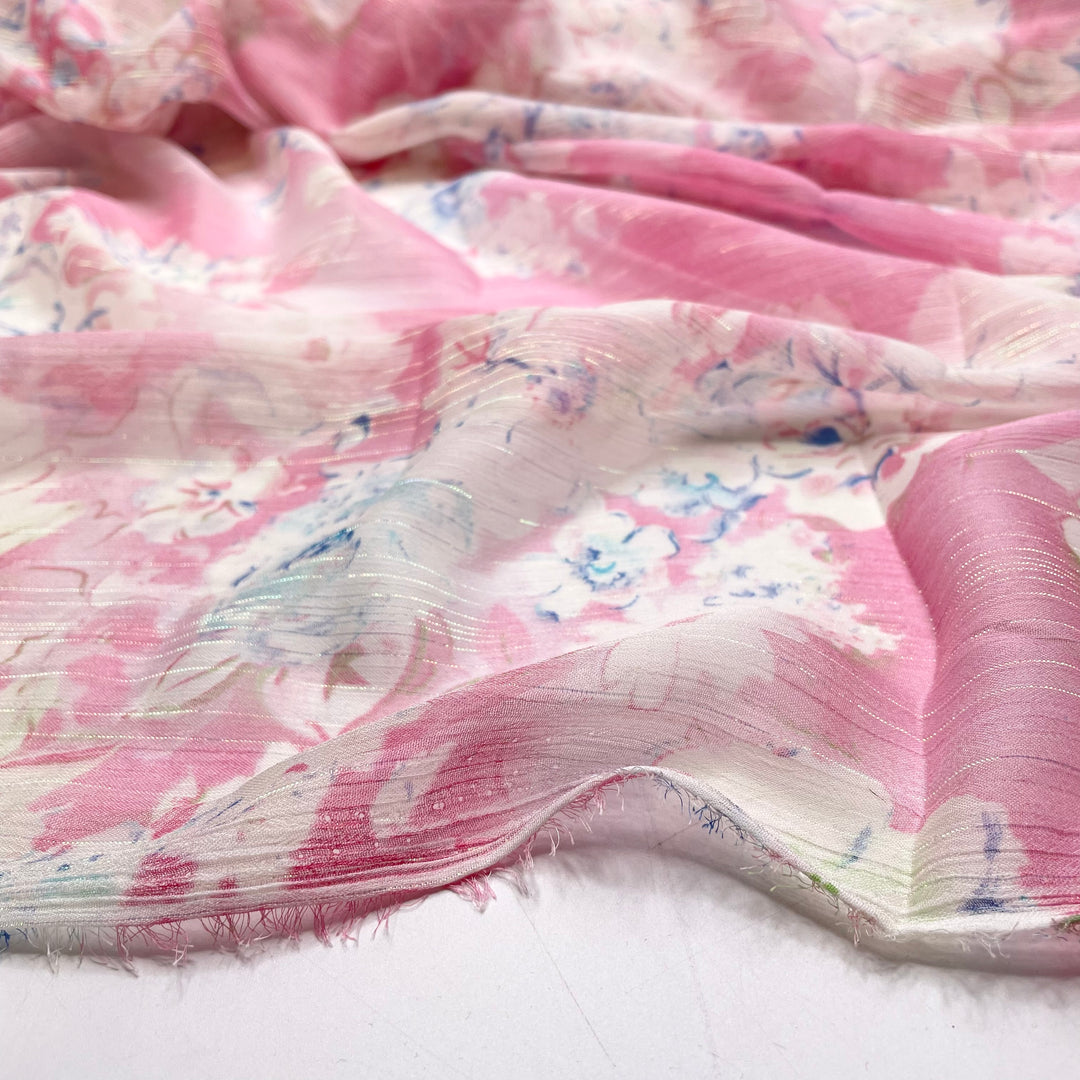 Barbie Would Definitely - Glitter Chiffon Poly Woven - Pink/White Floral - 2M Bundle