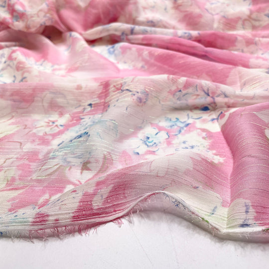 Barbie Would Definitely - Glitter Chiffon Poly Woven - Pink/White Floral - 2M Bundle