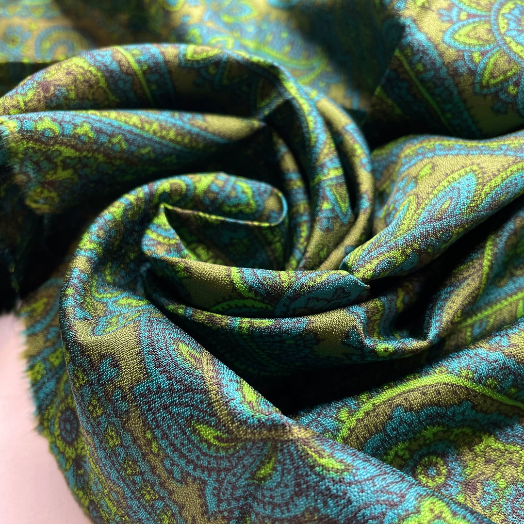 Flying First Class - Chiffon Poly Woven - Green/Blue Paisley - 1M Bundle
