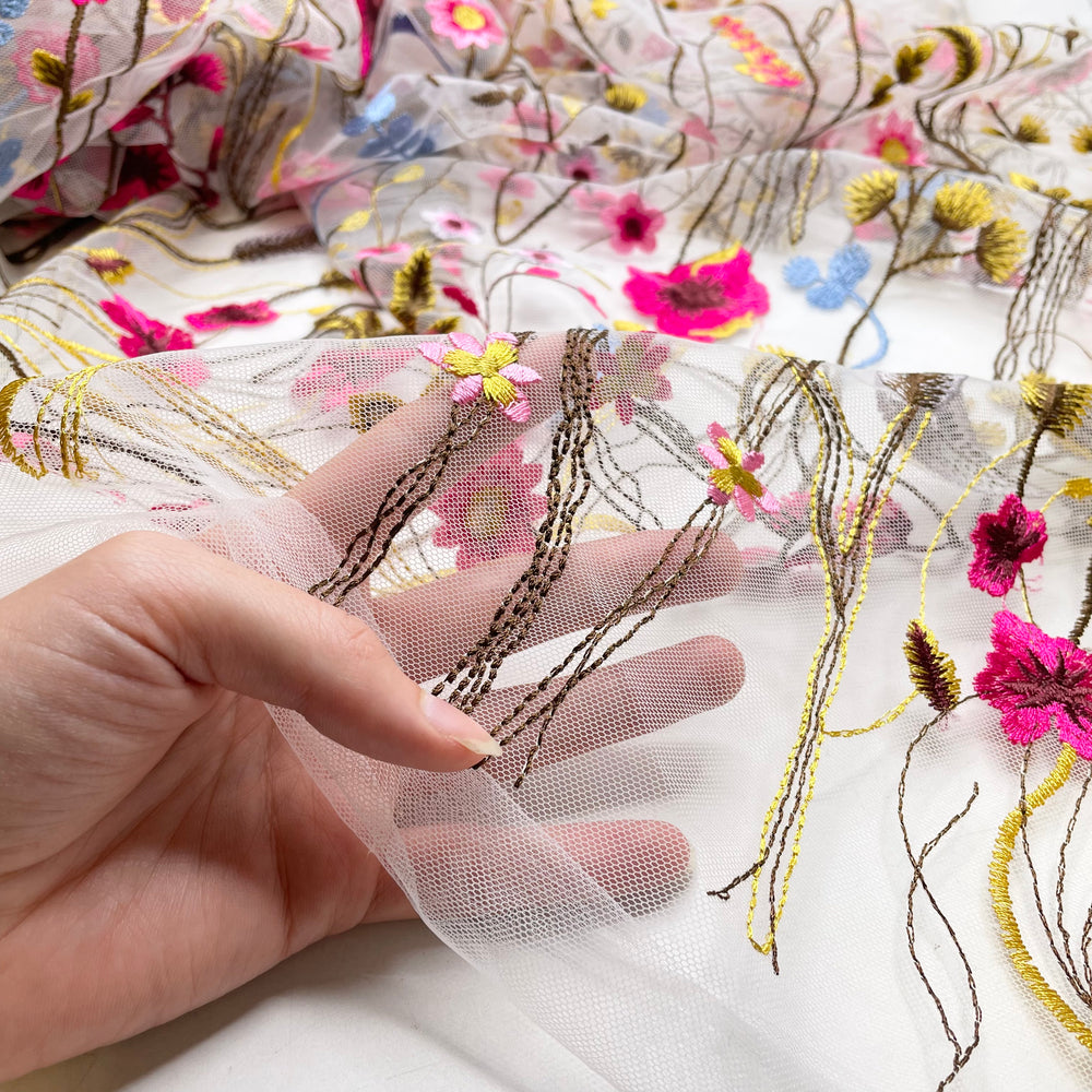 Florals For Spring Groundbreaking - Embroidered Mesh Polyester Blend Woven - Multi Floral - 1.5M Bundle