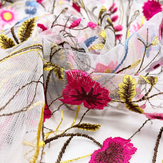 Florals For Spring Groundbreaking - Embroidered Mesh Polyester Blend Woven - Multi Floral - 1.5M Bundle