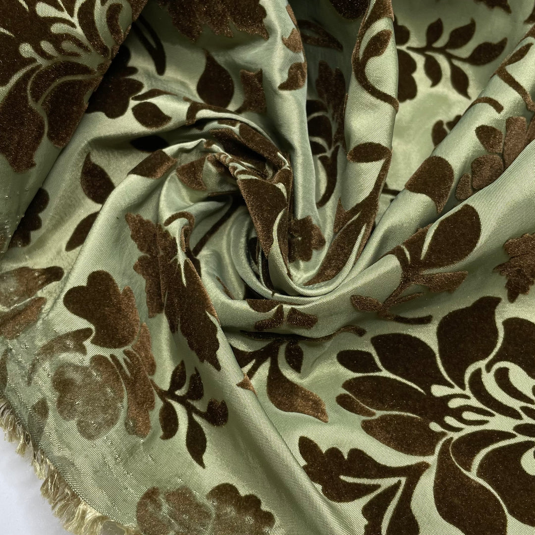Dramatic Curtain Swish - Velvet Burnout Taffeta Poly Woven - Green/Brown Floral - 3.25M Bundle