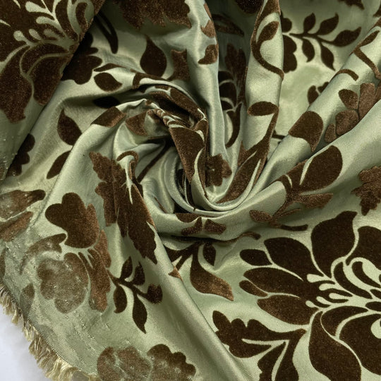 Dramatic Curtain Swish - Velvet Burnout Taffeta Poly Woven - Green/Brown Floral - 3.25M Bundle