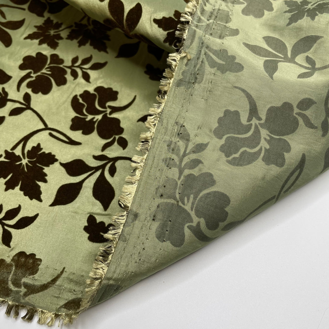 Dramatic Curtain Swish - Velvet Burnout Taffeta Poly Woven - Green/Brown Floral - 3.25M Bundle