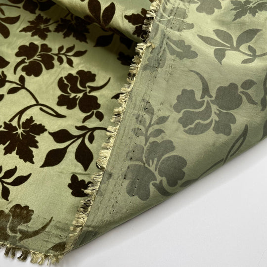 Dramatic Curtain Swish - Velvet Burnout Taffeta Poly Woven - Green/Brown Floral - 3.25M Bundle