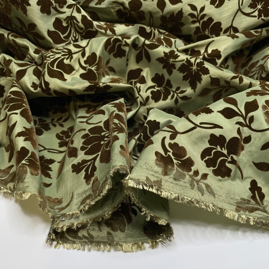Dramatic Curtain Swish - Velvet Burnout Taffeta Poly Woven - Green/Brown Floral - 3.25M Bundle