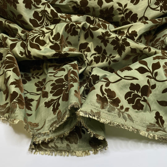 Dramatic Curtain Swish - Velvet Burnout Taffeta Poly Woven - Green/Brown Floral - 3.25M Bundle