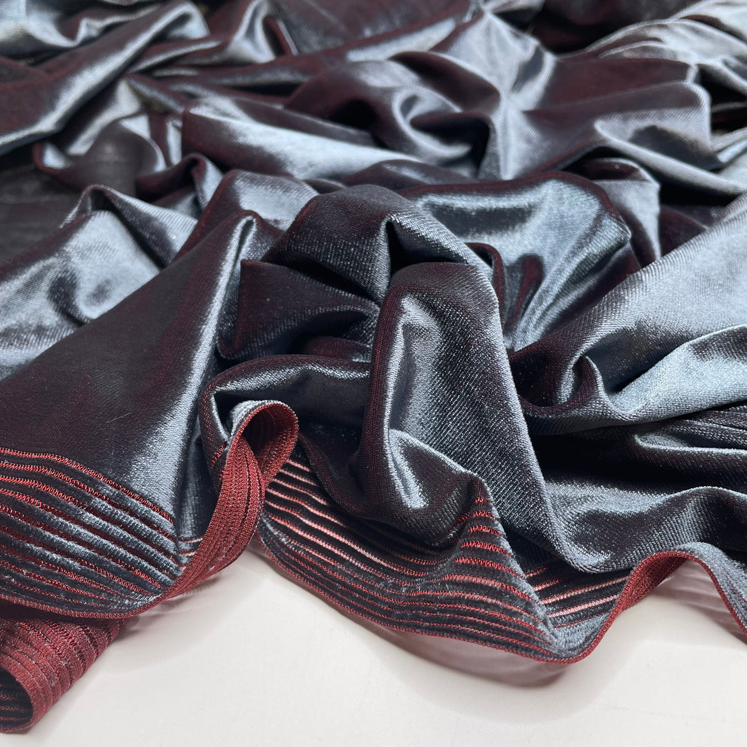 Plums And Peacocks - Iridescent Knitted Velour Poly/Spandex Knit - Blue/Burgundy - 2.5M Bundle