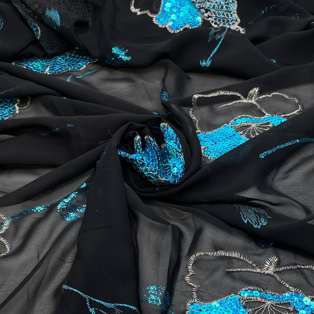 Peacock Flowers - Embroidered Sequins Chiffon Poly Woven - Black/Blue Floral - 2.85M Bundle