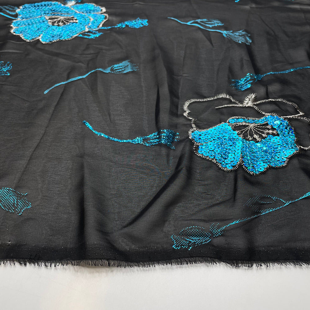 Peacock Flowers - Embroidered Sequins Chiffon Poly Woven - Black/Blue Floral - 2.85M Bundle