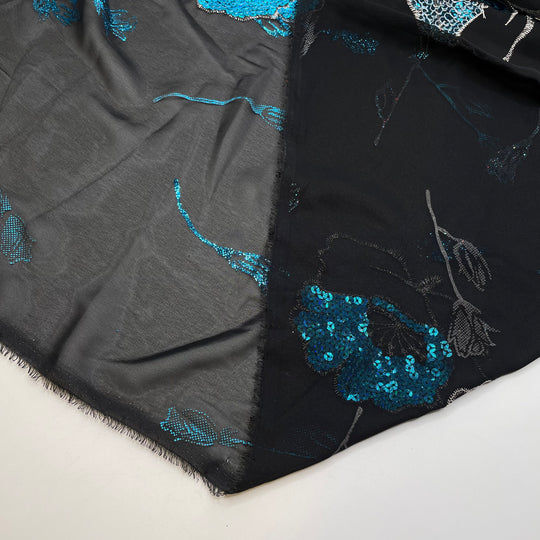 Peacock Flowers - Embroidered Sequins Chiffon Poly Woven - Black/Blue Floral - 2.85M Bundle