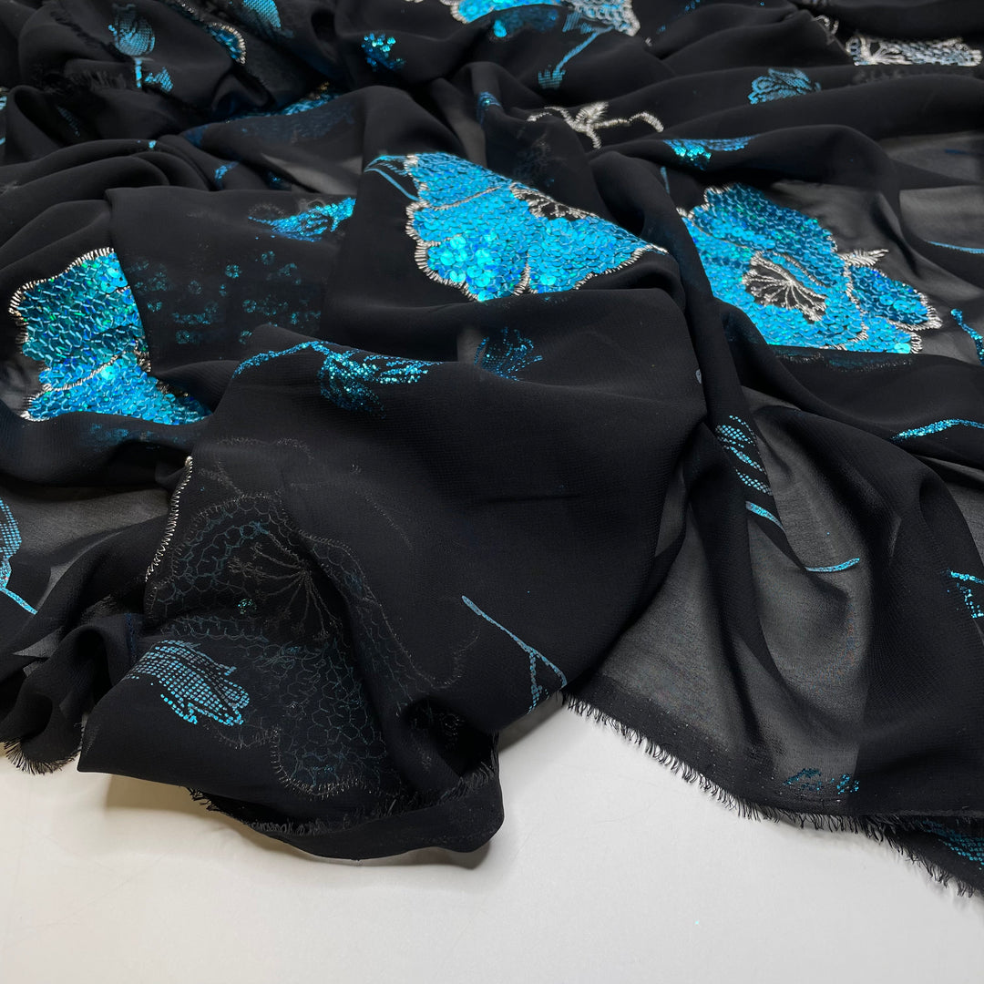 Peacock Flowers - Embroidered Sequins Chiffon Poly Woven - Black/Blue Floral - 2.85M Bundle