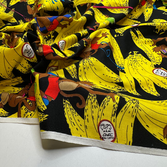 B A N A N A S - Cotton Woven - Black Multi Monkey And Bananas - 2.5M Bundle