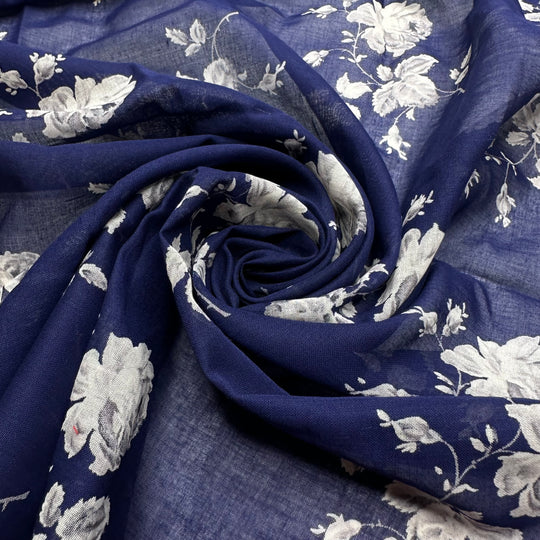 UB - Ghost Roses - Chiffon Cotton Woven - Blue/Grey Floral - 1.35M Bundle